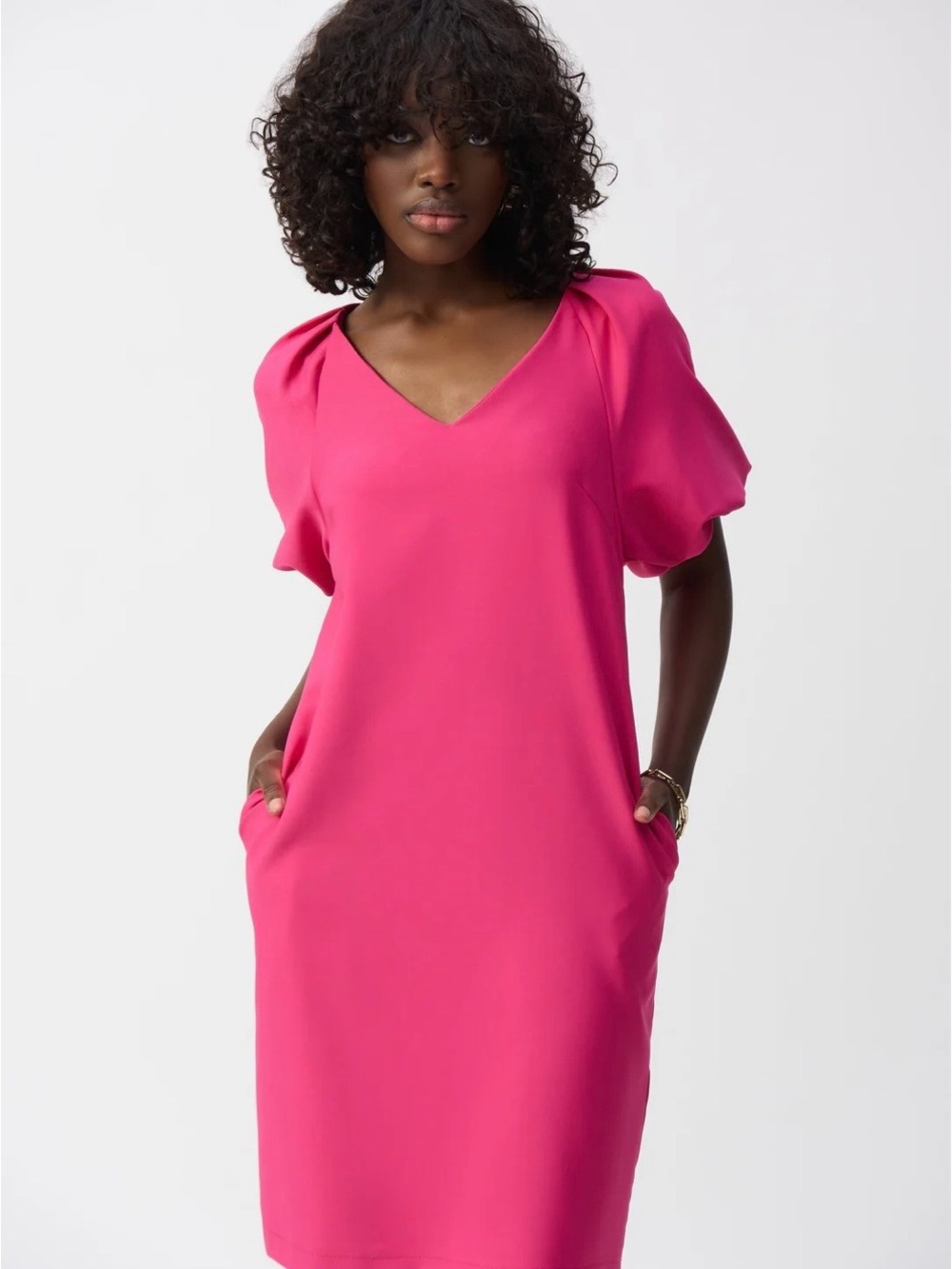 Jade Fuchsia V-Neck Puff Sleeve Dress